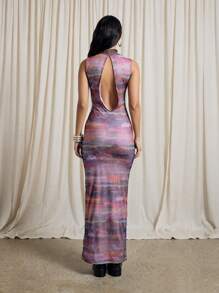 AiiRZ High Neck Watercolor Print Mesh Maxi Dress Floor Length Body-Hugging Evening Gown Party Special Occasion Form-Fitting Sleeveless Elegant Design - Multicolor - View 2