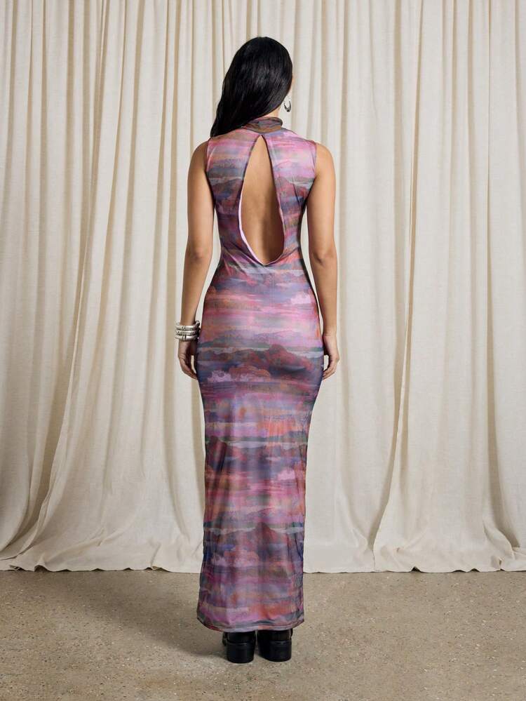 AiiRZ High Neck Watercolor Print Mesh Maxi Dress Floor Length Body-Hugging Evening Gown Party Special Occasion Form-Fitting Sleeveless Elegant Design