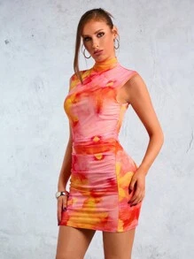 SHEIN SXY Noworoczna Elegancka Seksowna Nocna Sukienka Musi Mieć Walentynki Żółta Drukowana Siatkowa Plisowana Bez Rękawów Wysoki Dekolt Mini