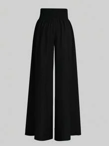 SHEIN LUNE Pantalones anchos con cintura elástica extra para mujeres - Negro - Ver 2