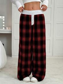 SHEIN EZwear Pantalones anchos de cintura baja de color block a cuadros informales