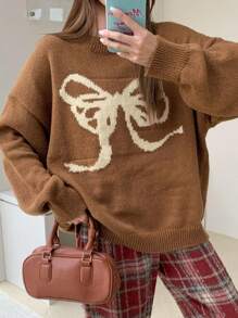 DAZY Suéter holgado de cuello redondo con estampado de lazo para mujer, otoño e invierno - Caqui - Ver 2