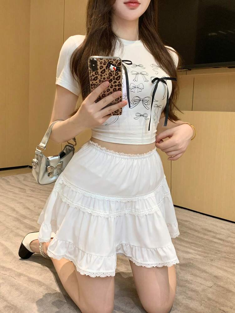 Women Lace Panel A-Line Mini Skirt Fall Skirts