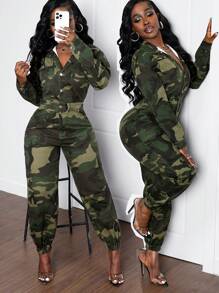 SHEIN Slayr Women Camouflage Print Long Sleeve Jumpsuit With Elastic Cuffs - Multicolor - View 1