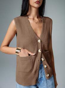 Poéselle Solid Button Front Pocket Sleeveless Casual Cardigan - Mocha Brown - View 5
