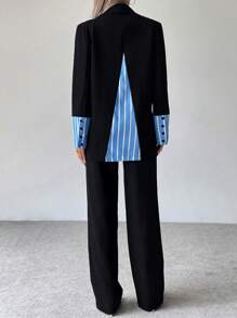 SHEIN Tall Women Solid Color Patchwork Long Sleeve Minimalist Top And Pants Suit Set - Black - View 4