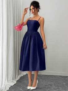 Rafferiza Vestido acampanado con espalda descubierta, versátil y de moda, apropiado para citas, fiestas, otoño/invierno - Azul Marino - Ver 3