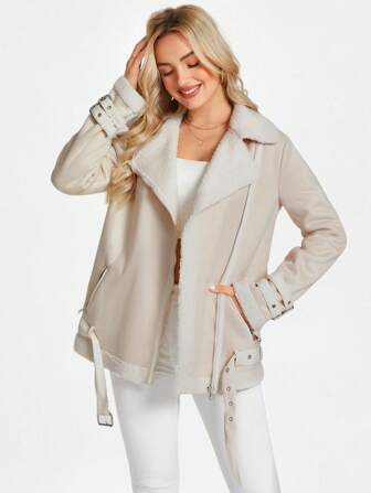 Wildy Veste décontractée, élégante et décontractée en automne/hiver en tissu velours composite granulaire pour femmes, avec col rabattu, manches, taille avec cordon et bande-taille. Idéale pour les sorties et la moto
