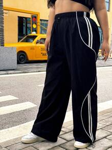 Flirla Pantalones deportivos casuales de talla grande para mujer con cordón y contraste de color