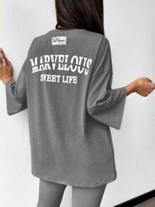 Mulvari 2pcs Women's Set: Round Neck Long Sleeve Letter Print Minimalist Top & Pants