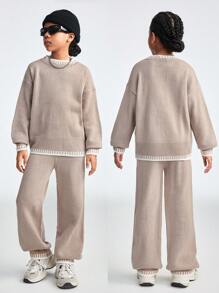 SHEIN Tween Girl 拼色圆领落肩长袖毛衣和针织裤休闲装，秋冬 - 卡其色 - 查看 1