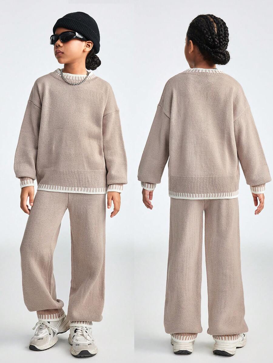SHEIN Tween Girl 拼色圆领落肩长袖毛衣和针织裤休闲装，秋冬 - 卡其色 - 查看 1