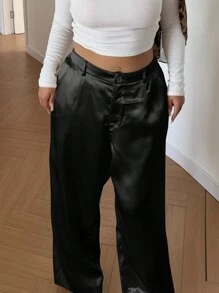 Vibekara Glossy Solid Color Straight Leg Trousers With Slant Pockets Fall Cloth For Women