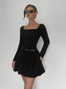 SHEIN Essnce Women Elegant Black Solid Color  Long-Sleeve Square-Neck Mini Dress Ruched Hem Long Sleeve Short Casual Dress Women Dresses Winte Vacation Outfits  Elegante New Year Party  Dress New Year Dress   Dress Long Sleeve