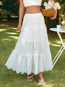 SHEIN VCAY 女式刺繡裙,配有荷葉邊設計 - 白色 - 查看 1