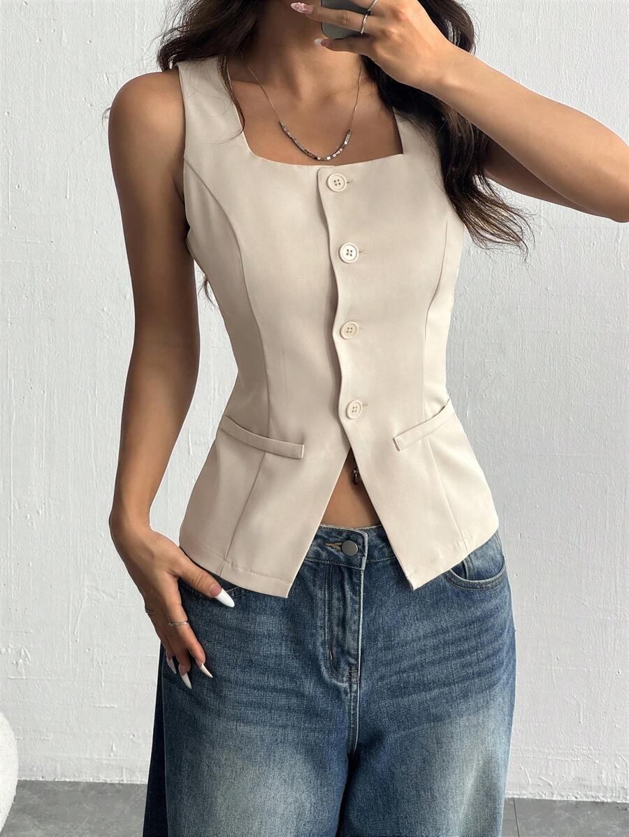 SHEIN EZwear 秋冬女士纯色前扣无袖口袋休闲西装外套 - 杏色 - 查看 1