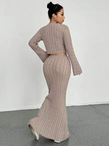 EgrlEra Women Twist Pattern Casual Round Neck Pullover Long Fish Tail Skirt Knitted 2 Pieces Set Fall Cloth For Women - Khaki - View 2