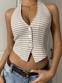 SHEIN EZwear Women's Fashion Sexy Striped Front Button Backless Halter Top - Beige - View 1