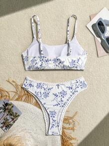 SHEIN Swim Printed Pattern Bikini Set, Spaghetti Strap Floral Crop Top And High Cut Bottom Bikini Summer - Blue and White - View 2