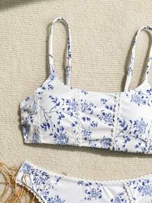 SHEIN Swim Printed Pattern Bikini Set, Spaghetti Strap Floral Crop Top And High Cut Bottom Bikini Summer - Blue and White - View 3