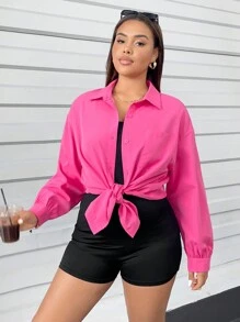 SHEIN Essnce 大码女式秋季休闲宽松粉色长袖纽扣衬衫和黑色连体衣两件套，秋季女装，女装，服装套装，返校节，Y2k，街头服饰，适合夏季 - 玫紅色 - 查看 5