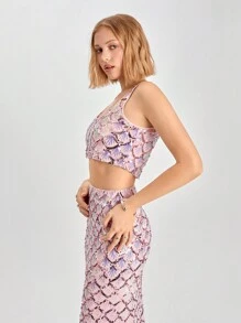 SHEIN EZwear 2 pezzi/Set Top e gonna con paillettes da donna, outfit estivo di moda