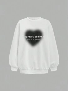 SHEIN NOVA GLOW 青少年女孩街头风格心形印花宽松运动衫和喇叭连体裤两件套 - 白色 - 查看 6