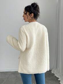 Chiquease Women White Contrast Trim Teddy Fluffy Jacket - Elegant Comfortable Wind-Resistant Warm Outerwear, Round Collar Regular Fit - Apricot - View 2