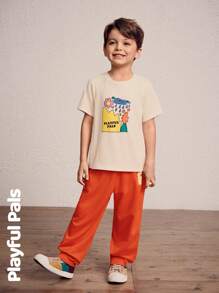 SHEIN 2 Pcs Young Boys Sets Fun Geometric Pattern Basic Casual Short-Sleeve T-Shirt & Sweatpants Suits Cute/Retro/Casual/Outing Spring/Summer Suitable For School And Outings - Orange - View 6