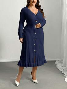 SHEIN Privé Plus Size Women V-Neck Ruffle Trim Knit Dress, New Apricot Color For Autumn/Winter - Navy Blue - View 3