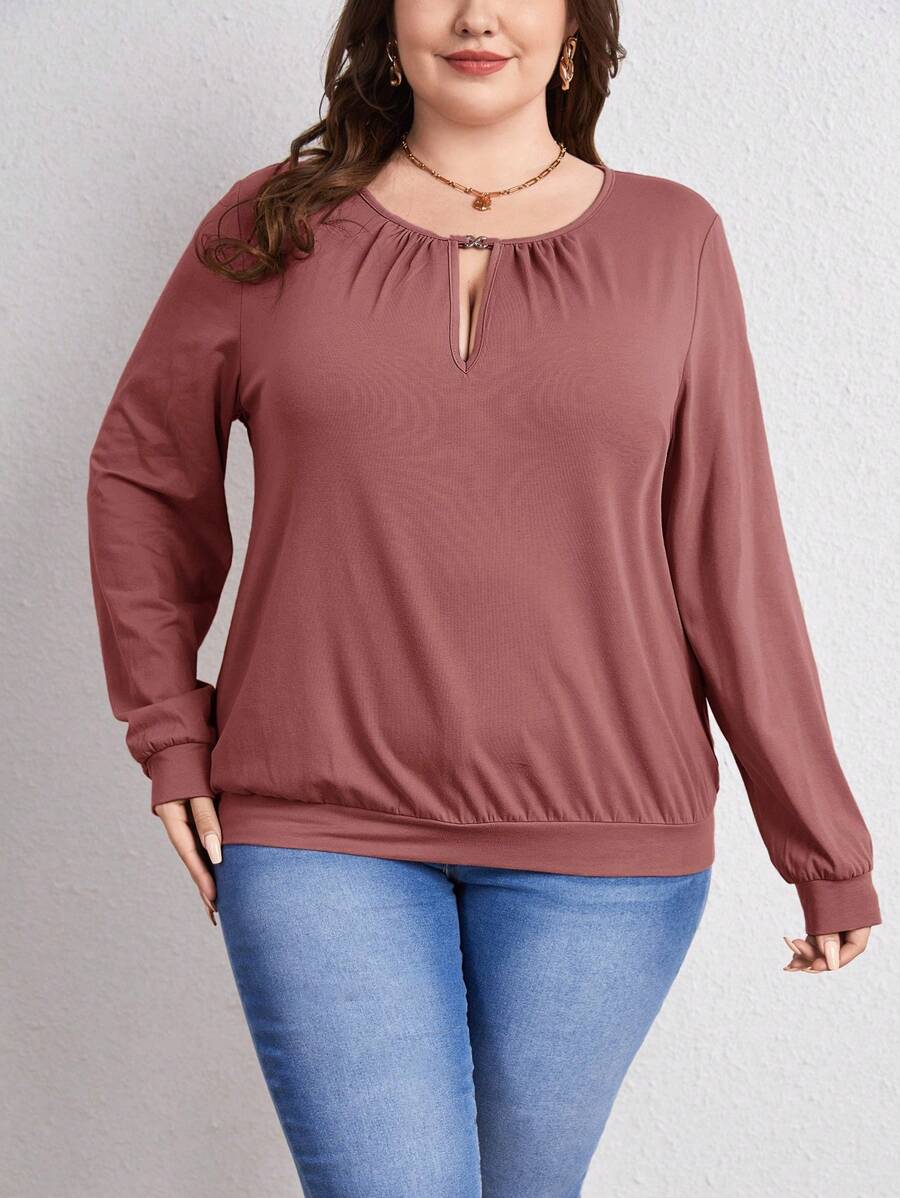 SHEIN LUNE 加大码纯色锁眼领长袖运动衫，简约风格，适合新年女士日常休闲穿着，感恩节热卖