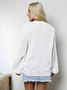 SHEIN LUNE 女士白色蕾丝拼接立领半透明休闲衬衫 - 白色 - 查看 2