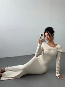 SHEIN Unity Women Solid Color Long Sleeve Pleated Simple Casual Dress Maxi Women Outfit - Apricot - View 6