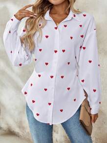 Chiquease 女士优雅法式心形印花长袖衬衫，情人节 - 白色 - 查看 5
