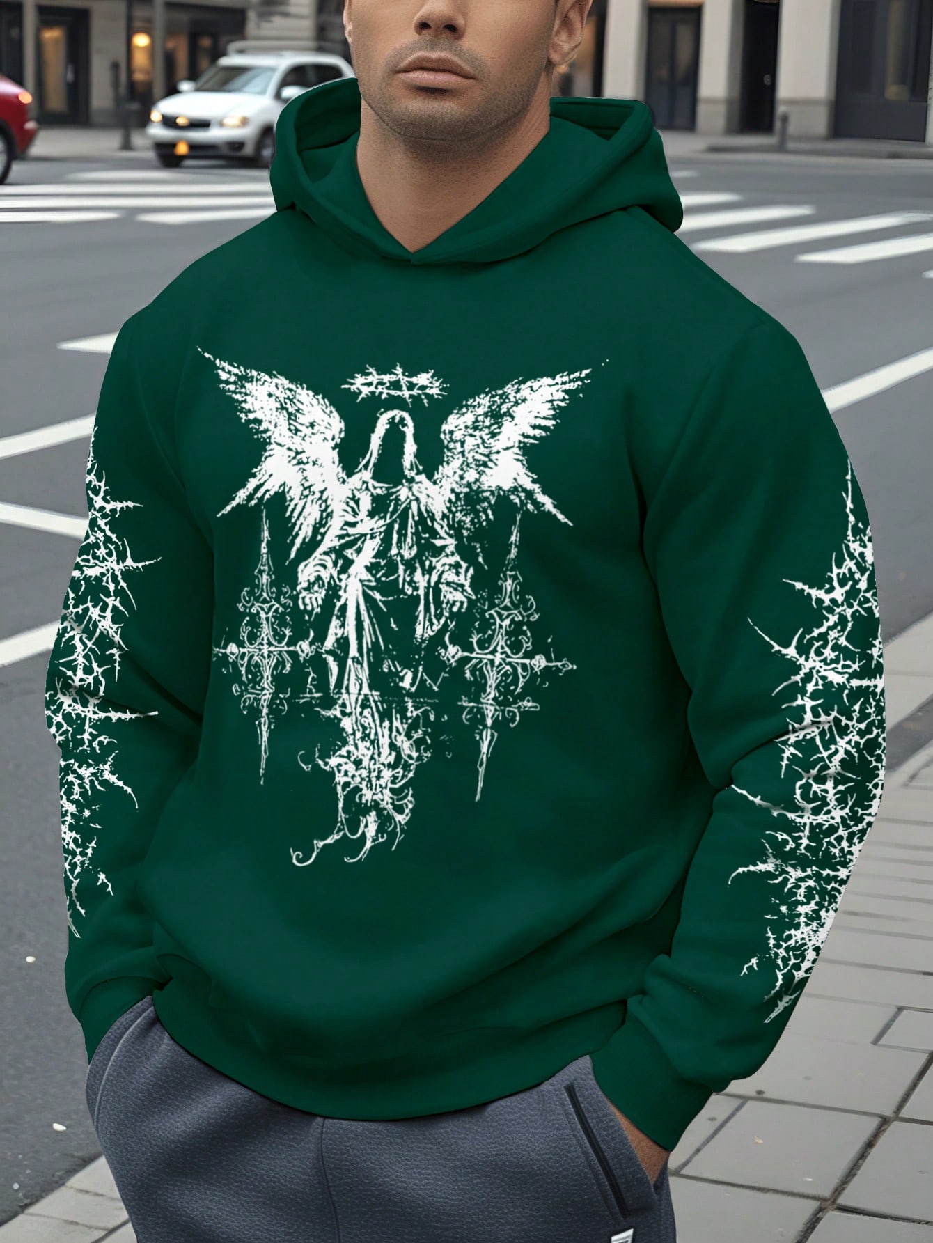 Manfinity Dauomo Men Street Style Angel Print Drop Shoulder Loose Fit Long Sleeve Hoodie, Thermal Lined For Autumn/Winter