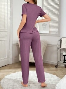 字母印花短袖T恤和裤子休闲套装 - 中紫紅色 - 查看 2