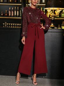 SHEIN Clasi 女士闪亮立领灯笼袖圣诞宽腿连体裤，适合秋冬季派对 - 酒紅色 - 查看 4