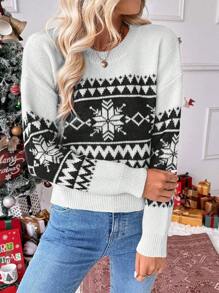SHEIN LUNE Sweter z nadrukiem płatków śniegu w stylu świątecznym, z odkrytymi ramionami, okrągłym dekoltem i długim rękawem
