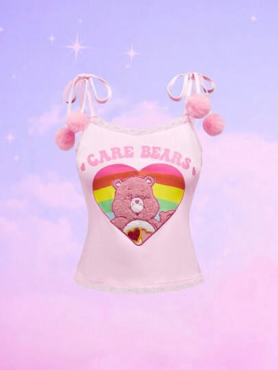 ROMWE X Care Bears كامي كارتون الدب المطرز بريشة فرو الكرات الكبيرة، أنيق وشيك للنساء