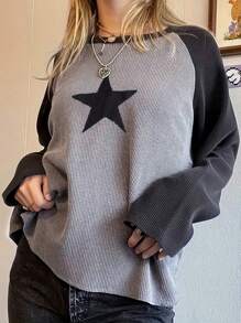 INAWLY 大码女式拼色星星印花宽松圆领长袖休闲 T 恤，春/夏 - 灰色 - 查看 1