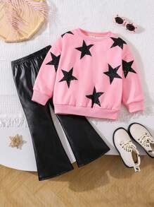 SHEIN 年轻女孩基本款休闲日常舒适针织圆领套头运动衫，带星星印花和针织裤 PU 套装 - 粉色 - 查看 2