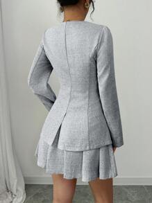 Rafferiza Bộ vest vest nữ cổ chữ V màu hồng ôm sát + chân váy ngắn xếp ly, mùa thu - Đen và trắng - Xem 2