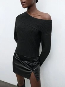 Maija Women's Black Asymmetric Slouchy Shoulder Casual Soft & Comfy Modern Urban Fashion Pullover Long Sleeve Knit Top - Black - View 3