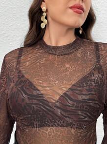 SHEIN Privé Plus Size Leopard Print Brown Sheer Mesh Knit Cami Top, Elegant For Valentine Party
