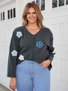 SHEIN LUNE Plus Size Women Casual Floral T-Shirt, Minimalist & Fashionable, For Daily Wear Thanksgiving Plus Size Women New Years