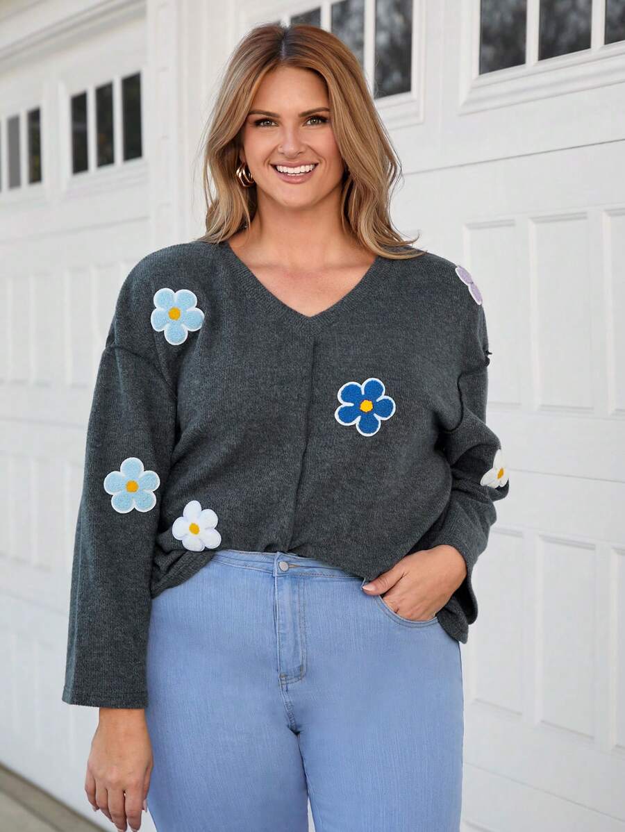 SHEIN LUNE Plus Size Women Casual Floral T-Shirt, Minimalist & Fashionable, For Daily Wear Thanksgiving Plus Size Women New Years