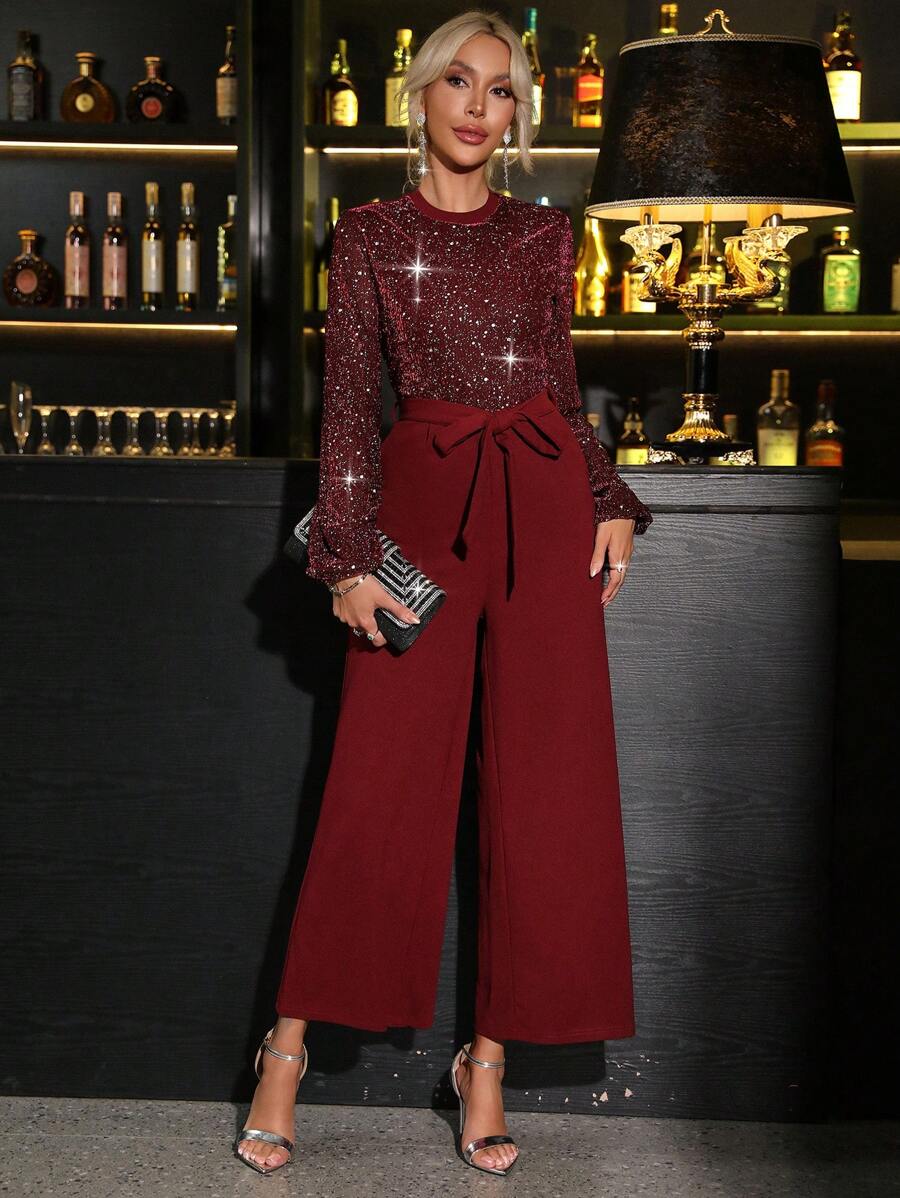 SHEIN Clasi 女士闪亮立领灯笼袖圣诞宽腿连体裤，适合秋冬季派对 - 酒紅色 - 查看 1