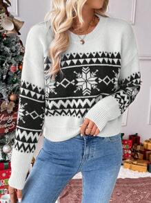 SHEIN LUNE Sweter z nadrukiem płatków śniegu w stylu świątecznym, z odkrytymi ramionami, okrągłym dekoltem i długim rękawem