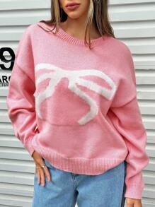 Jouncy Suéter holgado de punto con estampado de bloques de color y moño, para otoño/invierno