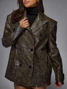MISSGUIDED Blazer de piel sintética texturizada y extra grande, abrigo de doble botonadura de declaración de moda de diseñador para otoño e invierno, estilo de oficina y ropa de calle